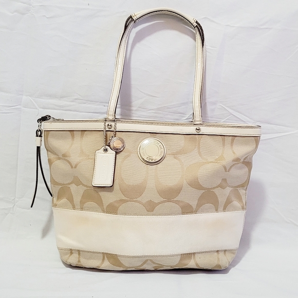 Coach Handbags - Authentic Coach Signature Stripe White Tote Shoulder Handbag